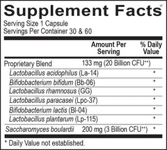 Ortho Biotic capsules bottle label shows probiotic blend for bowel regularity.