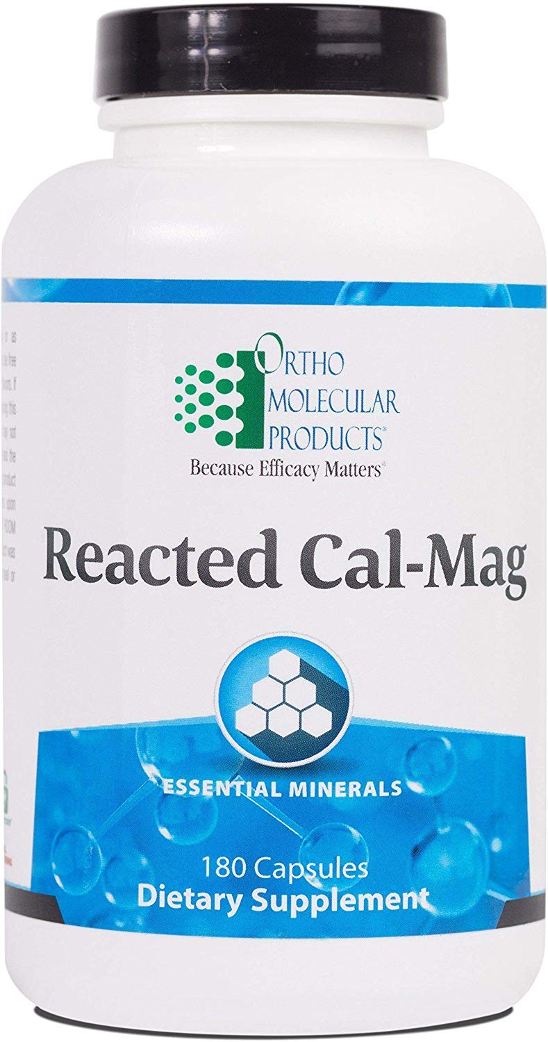Ortho Molecular Products Reacted Cal-Mag bottle for bone health support.