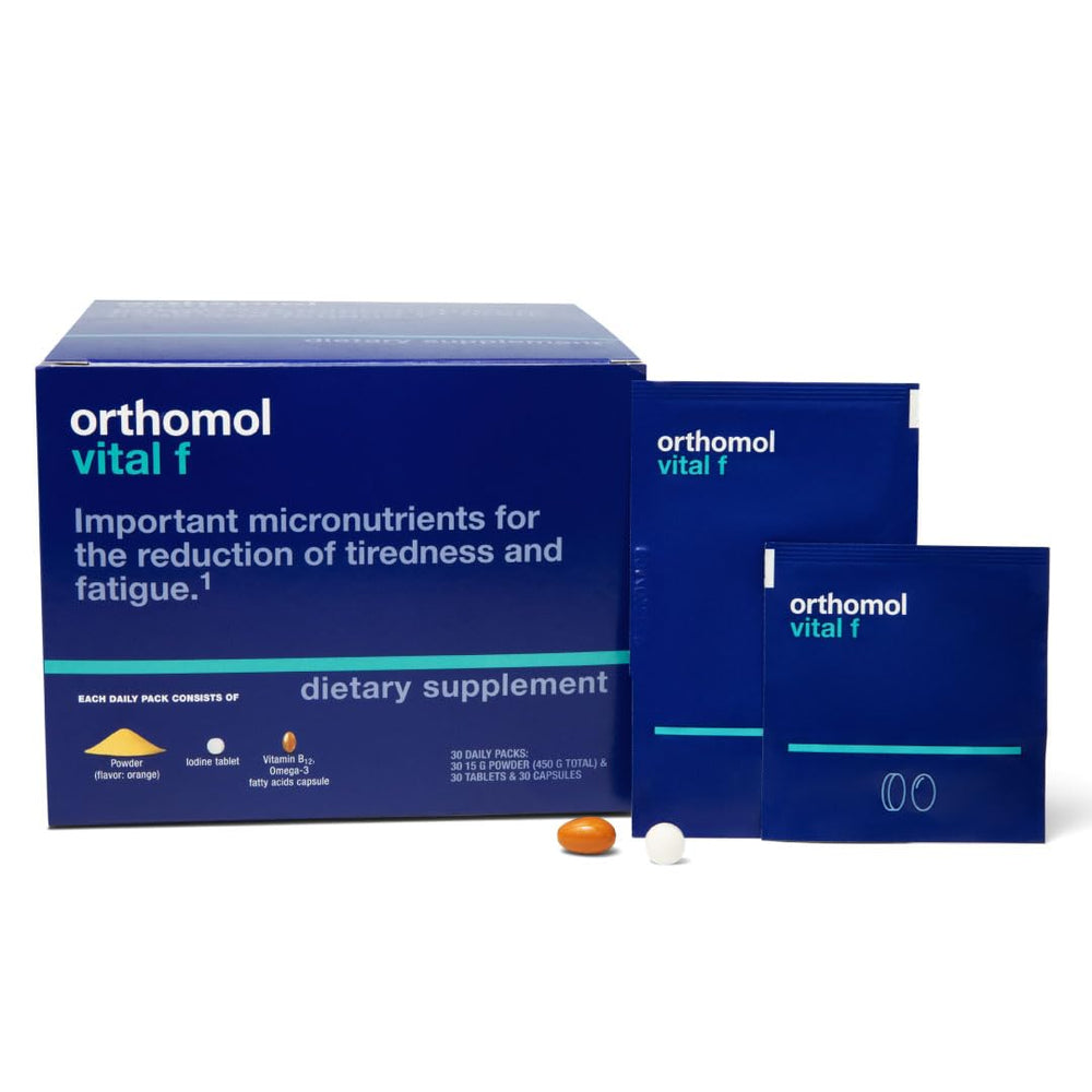 Orthomol Vital F powder bottle for daily energy support and wellness