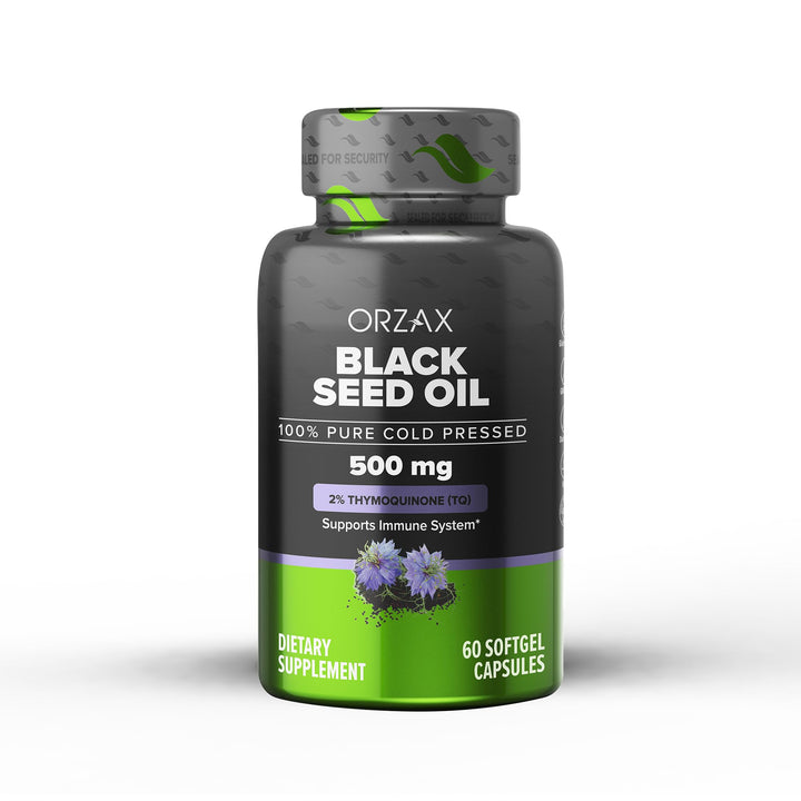 ORZAX Black Seed Oil bottle viewed on a clean surface, for daily wellness support.