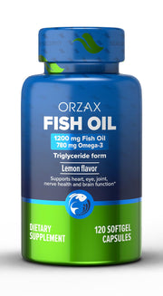 ORZAX Omega-3 fish oil bottle on a kitchen counter for daily wellness.