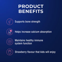 Ostelin Kids Vitamin D Liquid in strawberry flavour appeals to children.