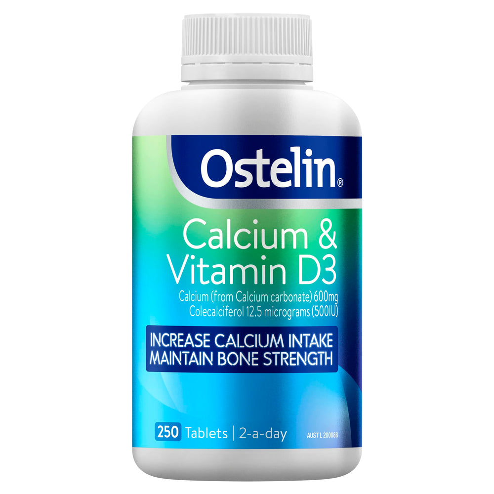 Ostelin Vitamin D Plus Calcium bottle front showing bone health focus.