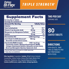 Osteo Bi-Flex bottle label highlights glucosamine chondroitin for joint lubrication.