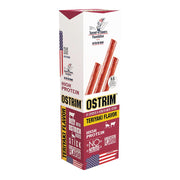 Ostrim Teriyaki beef and ostrich jerky packaging with ten sticks for on-the-go protein.