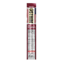 Ostrim Teriyaki jerky label highlights real ingredients.