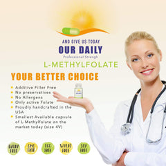 Back packaging of Our Daily Vites L-Methylfolate 1mg with gluten-free, non-GMO notes.
