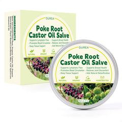 Ourea Poke Root Castor Oil Salve packaging highlights vegan formulation for daily lymphatic support.