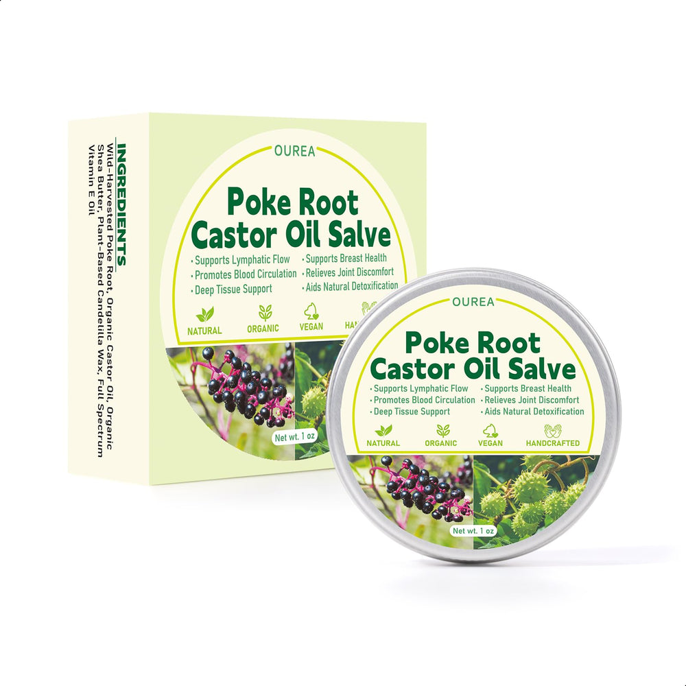 Ourea poke root salve jar front showing natural ingredients for lymphatic support