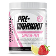 Outwork Nutrition non-stim pre-workout bottle pour highlights jitter-free energy for evening workouts.