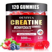 OUYIYUA Creatine gummies bottle on gym bench boosting performance