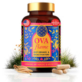 OVA Flame 10-in-1 beef organ supplement bottle on white background supports balanced energy.