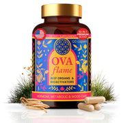 OVA Flame 10-in-1 beef organ supplement bottle on white background supports balanced energy.