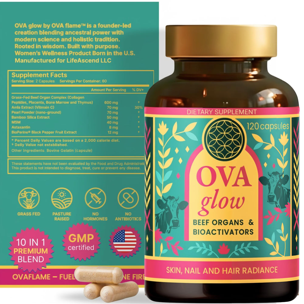 OVA Flame Beyond Beef Organs bottle with capsules for radiant skin
