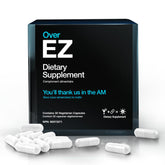 OVER EZ bottle close-up highlighting milk thistle for morning refresh and recovery