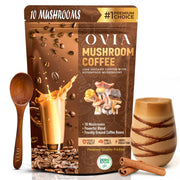 OVIA Natural 10 Mushroom Coffee bottle pour showing smooth energy for focus