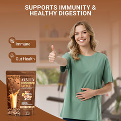 OVIA Natural 10 Mushroom Coffee scoop powder emphasizes easy daily ritual and metabolism support