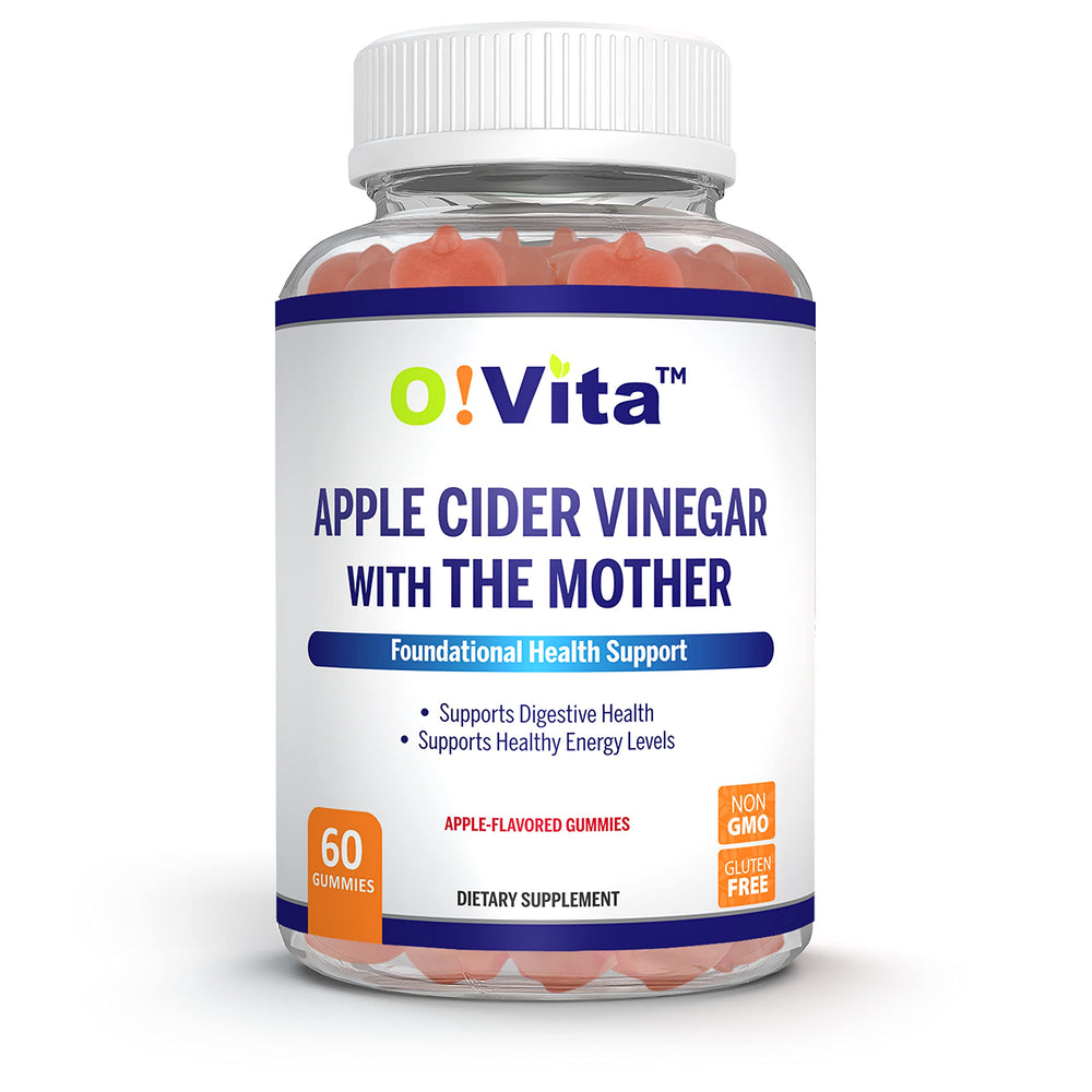 O!VITA Apple Cider Vinegar Gummies The Mother bottle with gummies, hinting at digestive support and energy.