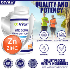 O!VITA Zinc 50mg packaging displays USA-made quality.