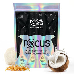 OWL RYZE Mushroom Coffee Focus bottle label highlights six adaptogens for energized mornings
