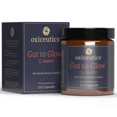 Oxiceutics Gut to Glow bottle label showcasing probiotic formulation for gut-skin support.