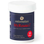 Oxiceutics MyReuteri bottle close-up highlighting 10B CFU dose for gut balance support