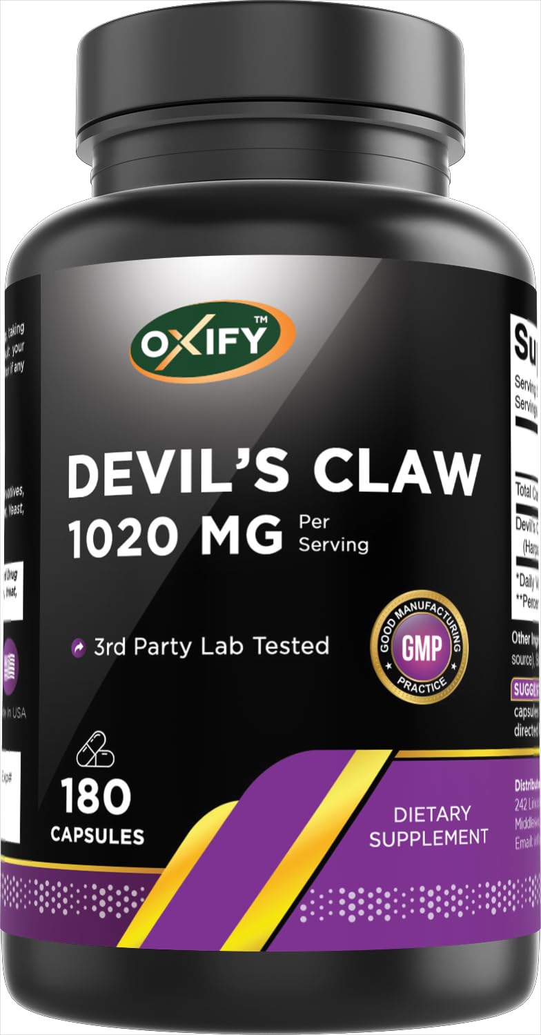 Oxify Devils Claw bottle front showing 1020 mg serving for daily herbal support.