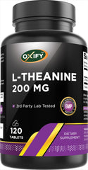 Oxify L-Theanine 200 mg bottle view shows clean label for daily calm support.