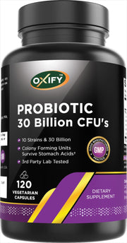 Oxify probiotic bottle showing 30B CFU per serving for daily wellness.