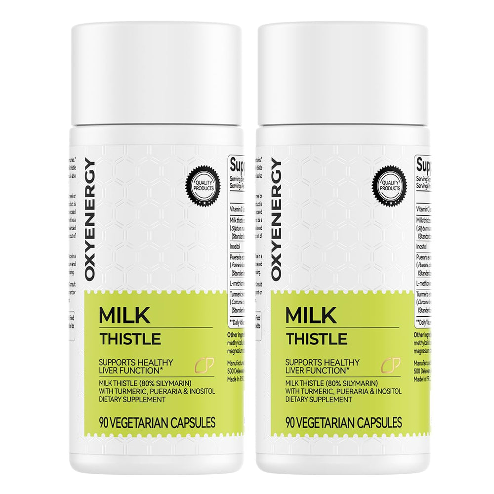 OxyEnergy milk thistle bottle close-up highlighting potential liver support.