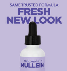 Oxygen Nutrition TriGuard Mullein Plus bottle close-up label shows alcohol-free formulation.