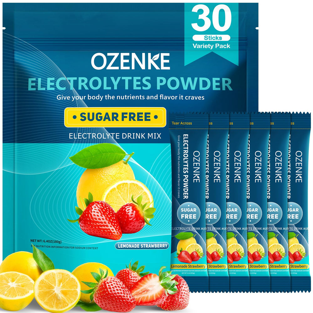 OZENKE lemon electrolyte packet beside water bottle for quick post-workout hydration.