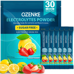 OZENKE lemon electrolyte packet beside water bottle for quick post-workout hydration.