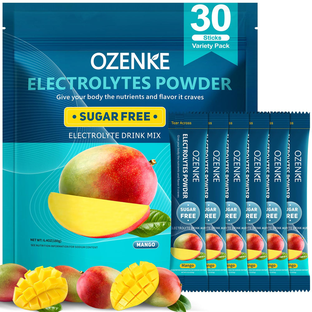 OZENKE electrolytes powder 30 sticks mango flavor for quick hydration.