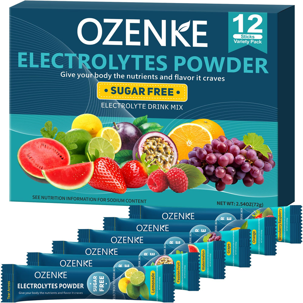 OZENKE Electrolytes front packaging highlights sugar-free hydration on the go.