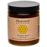 PAAVANI Golden Milk packaging highlights organic turmeric and ashwagandha for a soothing daily routine.