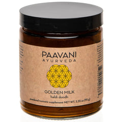 PAAVANI Golden Milk packaging highlights organic turmeric and ashwagandha for a soothing daily routine.