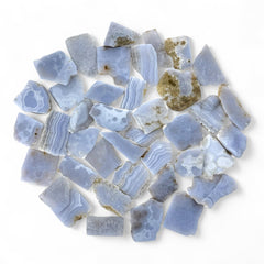 Pachamama Essentials Blue Lace Agate slab 40-55mm promotes calm focus during meditation.