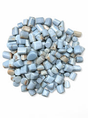 Pachamama Essentials Angelite tumbled stone round for meditation and clear communication.