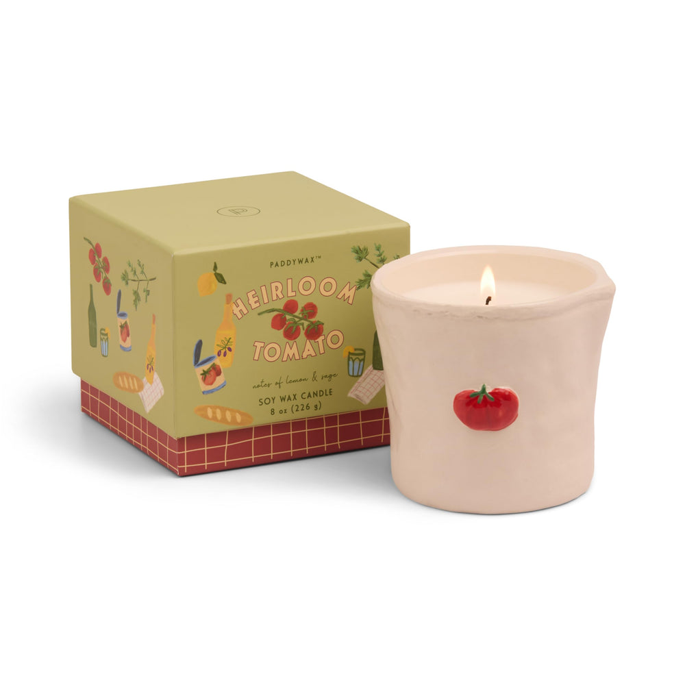 Paddywax Bistro heirloom tomato ceramic jar with hand-painted label adds stylish ambiance.