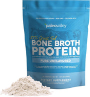 Paleovalley bone broth powder bottle being poured for easy protein boost