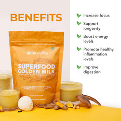 Paleovalley Golden Milk bottle shows full mushroom blend with shiitake, lion’s mane, reishi, and cordyceps.