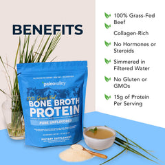 Paleovalley grass-fed beef bone broth powder tin on kitchen counter