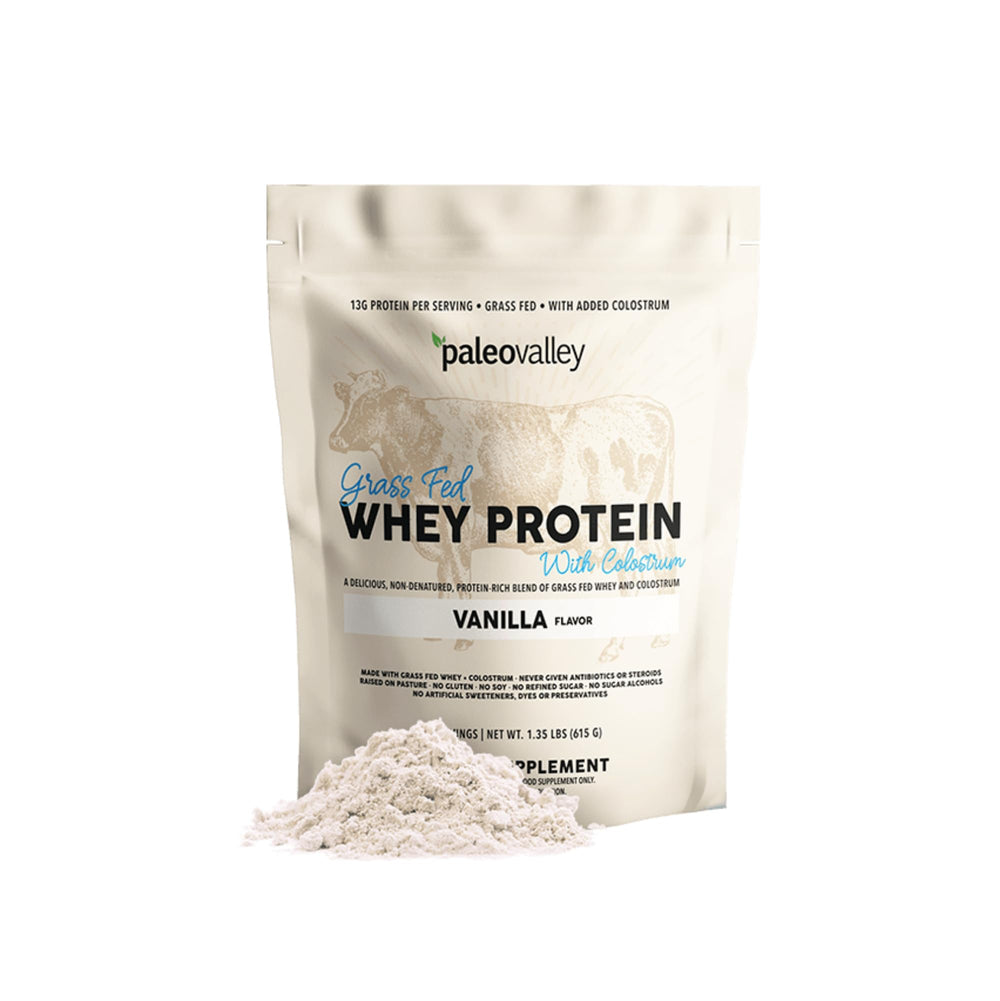 Paleovalley grass-fed whey bottle for lean muscle support during training.