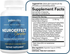 Paleovalley NeuroEffect bottle label highlighting 8 full-spectrum mushroom extracts.