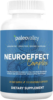Paleovalley NeuroEffect capsules in bottle for daily focus and energy.