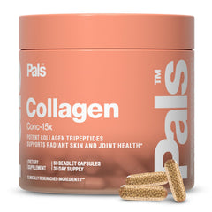 PALS Marine Collagen Capsules bottle showing 15x tripeptide power for skin support