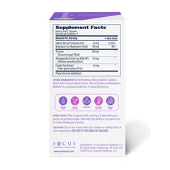 Pamprin Botanicals: etiqueta de ingredientes que destacan botánicos y vitaminas clave para el equilibrio del ciclo.