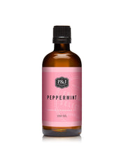 P&J Peppermint fragrance oil in amber bottle for candle making and easy dosing.