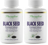 Paradise Black Seed Oil bottle pour showing antioxidant-rich formula for daily wellness.